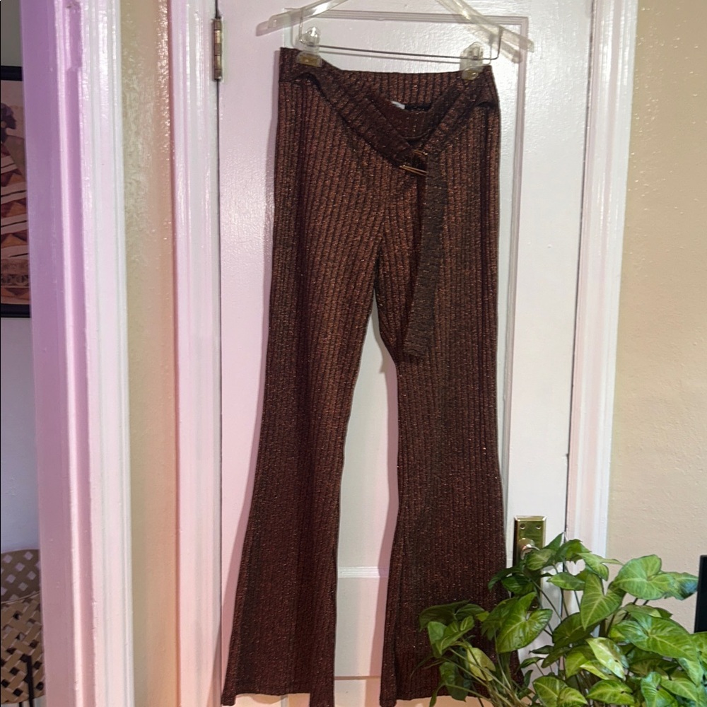 Zara Metallic Brown Ribbed Wide Leg Pants